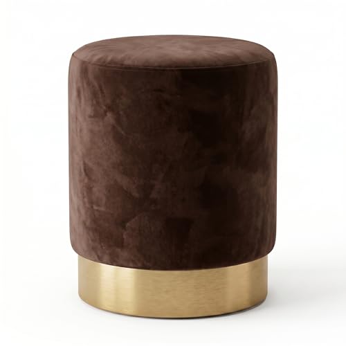 INTRECCI Pouf Cilindro in Velluto con Base Oro Elegante | Sgabello Poggiapiedi Imbottito per Salotto e Camera da Letto | Poltroncina Rotonda, Design Moderno | Ø 32 x H 40 cm – Colore: Testa di Moro