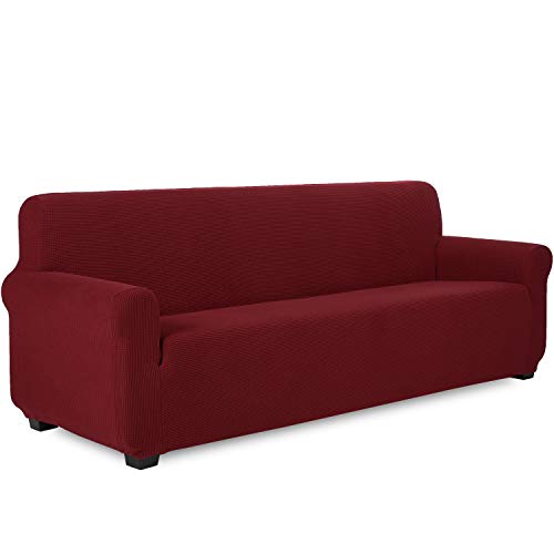 TIANSHU Funda Elástica para Sofá, Funda Sofa 4 Plaza, Ajustables Fundas Sofa Elasticas, Proteger el sofá, Funda de Sofá con Reposabrazos Antideslizante Antimanchas Lavable (Vino Rojo)