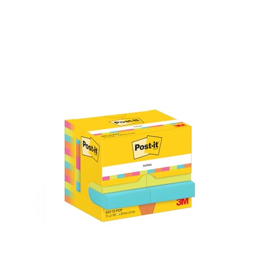 Post-it Notes Poptimistic Collection, Packung mit 12 Blöcken, 100 Blatt pro Block, 38 mm x 51 mm, Pink, Grün, Blau, Orange - Selbstklebende Notizzettel für Notizen, To-Do-Listen und Erinnerungen