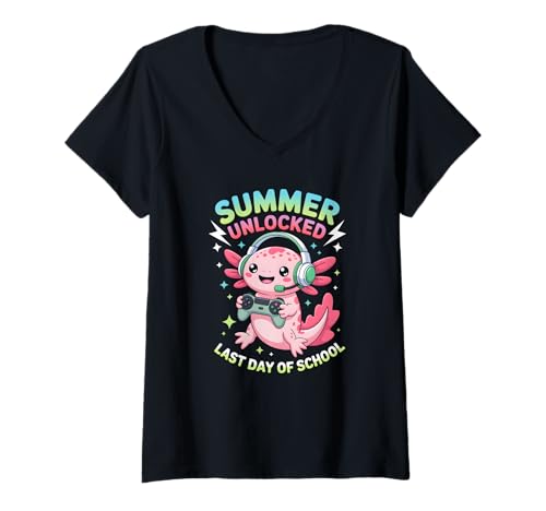 Womens Kawaii Last Day Of School Gamer Axolotl Cute Gaming V-Neck T-Shirt