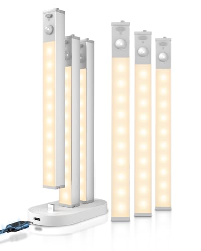 GOODEA Lampe de Placard LED Rechargeable 18cm Sans Fil Avec Station de Chargement, 6 Pcs Réglette LED Lumiere Armoire Détecteur de Mouvement Pour Armoire à...