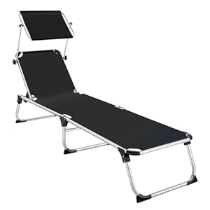 tectake Sonnenliege mit Dach, Balkon Liege aus Aluminium, klappbare Gartenliege, wetterfest, Liegestuhl für Garten, Camping und Strand mit Verstellbarer Rückenlehne, 2 Tragegriffe - schwarz