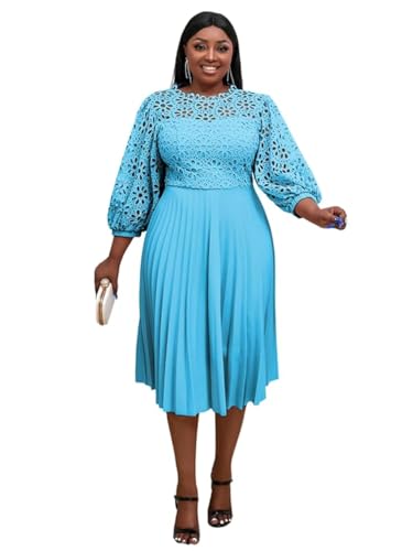 AOMEI Women's Elegant Lace Patchwork A-line Midi Pleated Hollow Out Lantern Sleeve Dress Blue 2XL