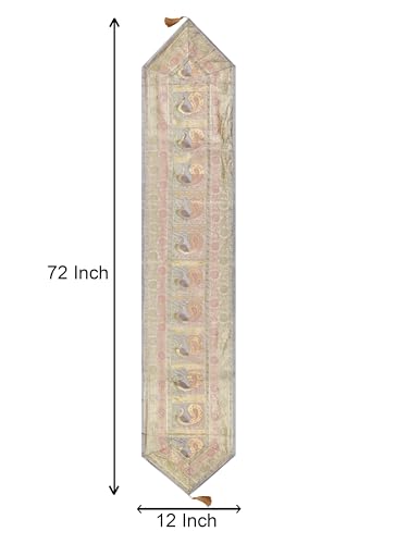Image of Banarasi Brocade Zari Silk Table Runner Dinning & Centre Table Runner 177 By 30 CM (Grey, Peacock)