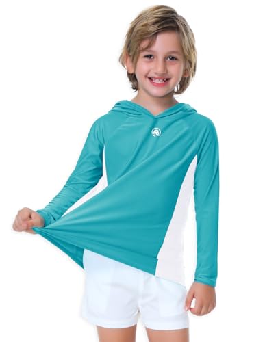 Image of AOBUTE Unisex Kids Long Sleeve Hoodie Rash Guard Boys UPF 50+ Swim Top with Thumb Hole 3-12 Years