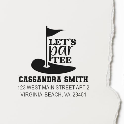 Image of Slim Pre Inked Rubber Stamp Par-Tee Celebration Golf Flag - Made to Order | Customized Golf Stamp. Compact Rubber Stamp. Choice of 5 ink colors. Laser-cut lettering. Your name and address. Stores flat.