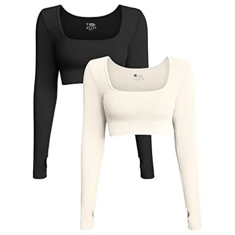 OQQ Women's 2 Pieces Crop Tops Ribbed Seamless Long Sleeve Tops, Black,beige, Medium Cover