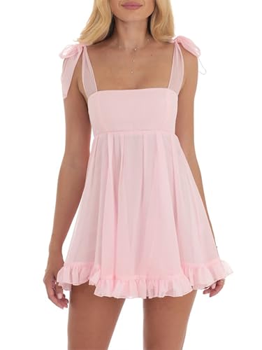 Fiacafyo Ärmelloses Sommerkleid für Damen, Y2K, rückenfrei, mit Fliege, Riemen, Rüschen, Strand, A-Linie, Babydoll, Party, kurzes Kleid, B-Rosa, L
