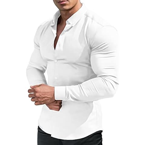 URRU Men's Muscle Dress Shirts Slim Fit Stretch Long Sleeve Casual Button Down Shirt White L Cover