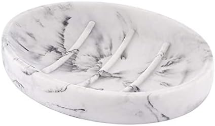 YININE Soap Dish, Marble Look Bar Soap Holder Oval Soap Sponge Tray Soap Case Box Saver for Bathroom Shower Kitchen Sink- White Marble Look
