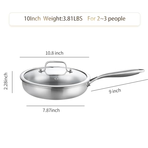 DELARLO Tri-Ply Stainless Steel Frying Pan丨9 inch Skillet with Lid丨All Cooktops Compatible Up to 600℉丨Enegry Saving丨Kitchen Egg Skillet 9" 丨Durable丨Everything Pan丨Omelet Pans for Kitchen Cooking