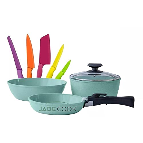 JadeCook Batería de Cocina Profesional Antiadherente Jade Smart con Mango Removible con Juego de 5 Cuchillos Profesionales Ideal para Cocina