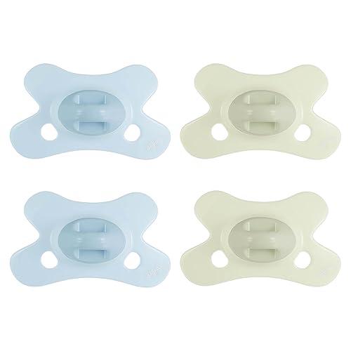 Difrax - Natural Pacifier - Blue & Green - 0 to 6 months - Set of 4 - Butterfly shaped teat, silicone tip, BPA free & tooth-friendly