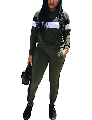 KANSOON 2 Piece Outfits for Women, Stripe Patchwork Tracksuits Round Neck Pullover and Skinny Long Pants Green S