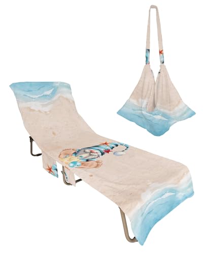 Beach Gnomes Beach Chair Towel Covers for Chaise Lounge with Side Pocket, Soft Plush Pool Towels Cover for Patio Sunbathing Outdoor 29''x85'' Blue Ocean Sea Starfish Sand Watercolor