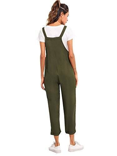 Verdusa Women's Sleeveless Straps Pockets Plaid Culotte Jumpsuit Overalls Olive S