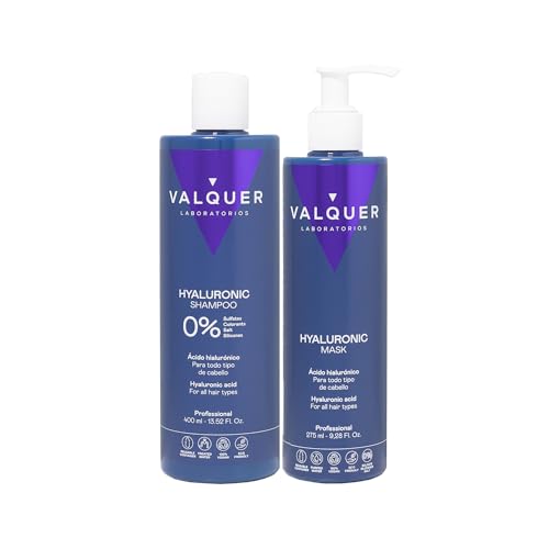 Valquer Pack Ácido Hialurónico Champú Reparador y Mascarilla Capilar Fórmula Zero. Hidrata y Protege el Cabello Dañado y Seco. Con Aloe Vera, Pantenol y Keratina. Todo tipo de pelo. 400 ml + 275 ml.