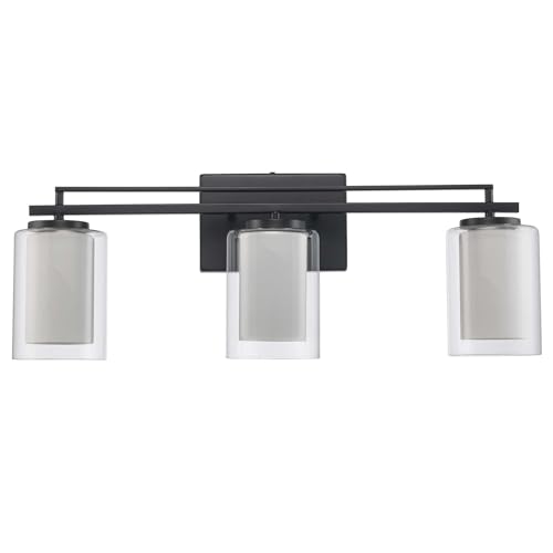 Image of TRANS GLOBE 22483 BK I Lisbon Collection 24 Inch Three-Light Bathroom Vanity - in a Black Finish | Metal Housing I Clear & Frosted Shades I Modern Contemporary Light Fixture |