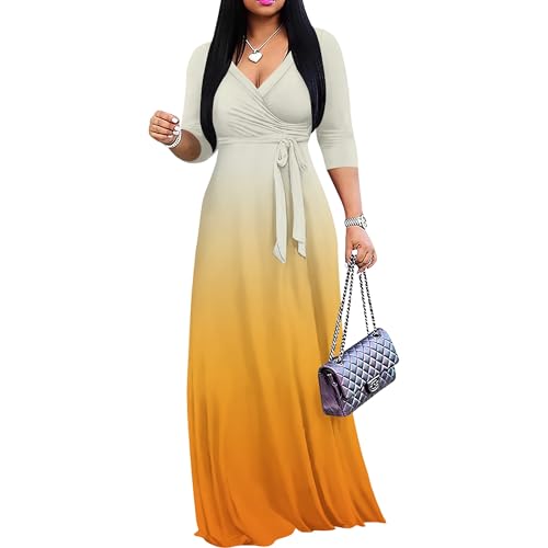 Image of PinkPatty Women's Plus Size Maxi Dress Casual 3 /4 Sleeve Dress with Belt | Soft stretch feel, printed style, flowy A-line fit, v neck, waist tie, side pockets, for vacation, party and daily wear