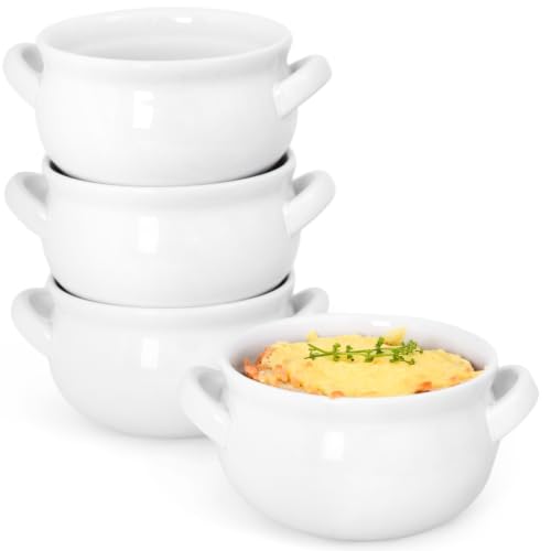 Vumdua Soup Bowls with Handles, 22 oz Large French Onion Soup Bowls - Stackable Soup Crocks Oven Safe for Cereal, Chilli, Pot Pies, Dishwasher Microwave Safe, Set of 4, White