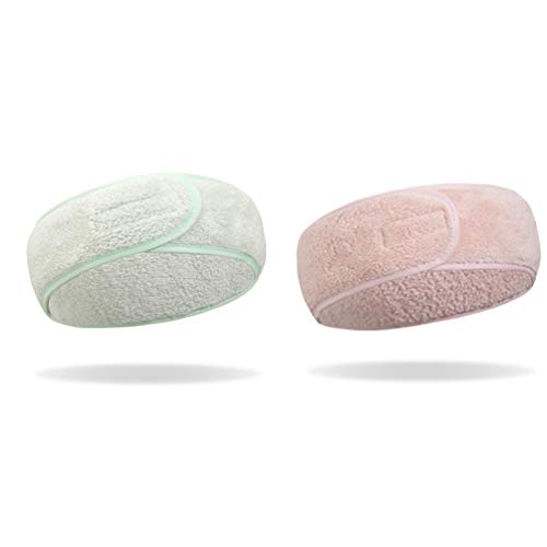 Facial Spa Headband - 2 Pcs Makeup Shower Bath Wrap Sport Headband Terry Cloth Adjustable Stretch Towel with Magic Tape (Green & Pink)