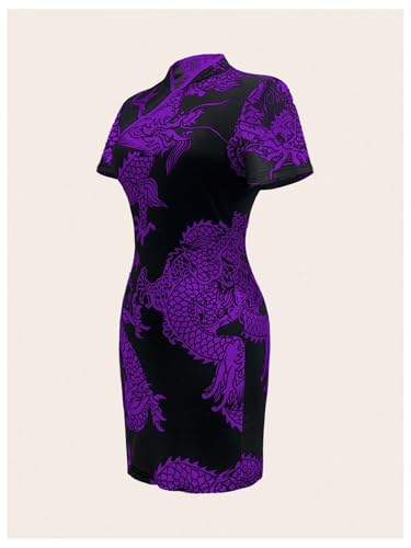 Image of Floerns Women's Cheongsam Chinese Traditional Dragon Print Qipao Bodycon Mini Dress