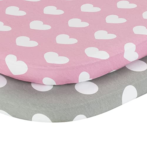Image of 2-Pack Bassinet Sheets - 100% Cotton Jersey Knit Hearts and Dots Bassinet Mattress Pad Fitted Sheets for Baby Girl; Compatible with Bassinet Bedside Co-Sleeper Lounger Brands; Oval Rectangle Mattress