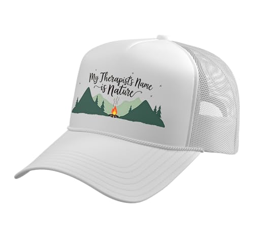 My Therapist's Name is Nature Camper Mountain Quote Trucker Hat with Adjustable Mesh Back, White