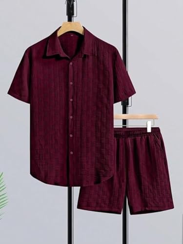 Image of GRECIILOOKS Men'S Summer Casual Two Piece Outfit, Textured Button Down Shirt and Shorts Set, Lightweight Poly Blend Co-Ord for Beach, Travel & Lounge Wear
