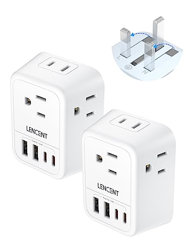LENCENT 2 Pack US to UK Ireland Travel Plug Adapter, Foldable Grounded Type G Converter with 4 Outlet, 4 USB Charger(2 Type C)Adaptor, USA to Dubai Scotland British London England HongKong Irish Qatar
