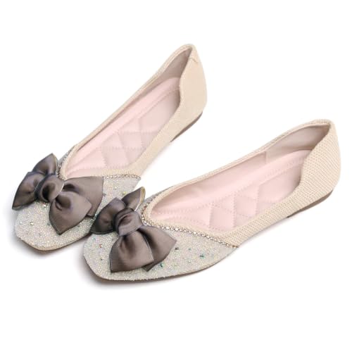 Image of SAILING LU Women's Rhinestone Square Toe Bowknots Ballet Flats Loafers