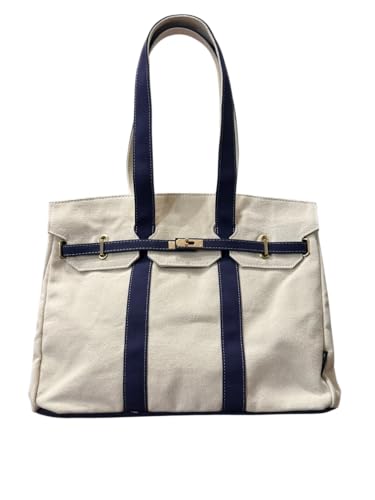 Dallas Hill Coastal Canvas Tote Bag for Women with Navy Straps Durable Heavyweight Canvas Shoulder Handbag with Gold Buckle Closure & Feet Large Travel Work Carryall with Interior Pocket 16x10x8