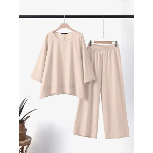 Women Linen Two Piece Pantsuits 2024 Casual Crewneck Long Sleeve Shirt Tops Wide Leg Lounge Pants Fashion Outfits3
