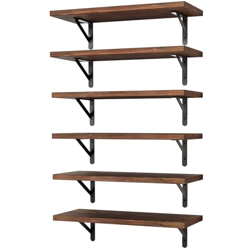 Image of YGEOMER 16.5 Inch Floating Shelves for Wall, Farmhouse Wall Shelves for Bedroom, Bathroom Storage, Living Room and Kitchen Decor (Set of 6 Dark Carbonized Pine)