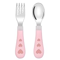 Vicloon Baby Gabel und Löffel Set, Edelstahl Besteck Set mit Cartoon Gestalten, Selbsternährende Lernutensilien, Babybesteck für Baby, Kleinkind, Kinder - Rosa Liebe