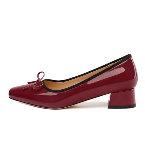 Womens Low Heel Pumps, Square Toe Block Heel Pumps for Women, Leather Insole Comfort Daily Pumps with Bow Tie 1.3"2