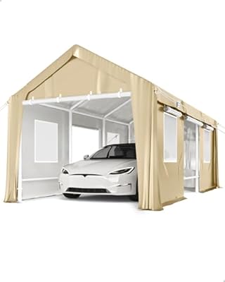 DEXSO 20'x10'x11' Windproof Carport Heavy Duty, 20 GA. Reinforced Poles & 14 mil PE Canopy, Extra Large Anti-High Wind Portable Garage for Full-Sized Pickup Truck and Bass Boat, Khaki