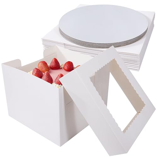Tunejoy Lot de 6 Boîtes à Gâteau avec Fenêtre 25,4 x 25,4 x 20,3 cm Blanc Boite Transport Gateau avec 6 Planche à Gâteau pour Gateaux Jusqu'à 25cm Biscuits Beignets Desserts