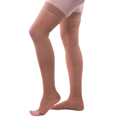 Image of Allegro Women's Sheer Thigh High Compression Stockings 15-20 mmHg Open Toe | Graduated support hose with lace-silicone stay-up band and reciprocated heel for secure hold, soft feel and daily comfort