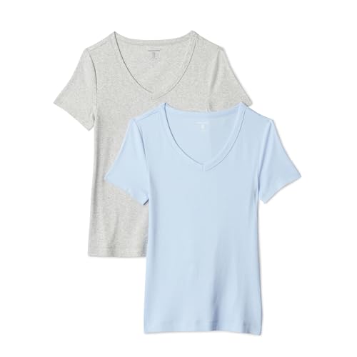Amazon Essentials Damen Kurzärmeliges T-Shirt mit V-Ausschnitt schmale Passform 2er-Pack Hellblau/Hellgrau meliert Medium