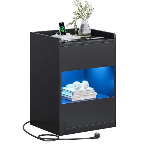 AOGLLATI Nachttisch mit LED-Beleuchtung und Ladestation, Nachtschrank mit 2 Schubladen und 1 Fach Beistelltisch mit Steckdosen Sofatisch für Schlafzimmer, Wohnzimmer 40x35x60cm (1, Schwarz) AOGLLATI Nachttisch mit LED-Beleuchtung und Ladestation, Nachtschrank mit 2 Schubladen und 1 Fach Beistelltisch mit Steckdosen Sofatisch für Schlafzimmer, Wohnzimmer 40x35x60cm (1, Schwarz)