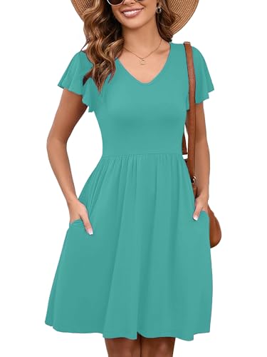 Image of Heymoments Women's Ruffle Sleeve V Neck Swing Sundress Summer Casual A-Line Midi Dress with Pockets S-2XL