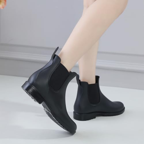 Acfoda Gummistiefel Damen Kurzschaft Regenstiefel Wasserdicht Lack Regenschuhe Frauen Gummistiefeletten Ankle Chelsea Boots mit Blockabsatz Schwarz Gr.39