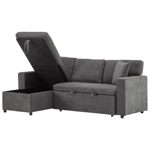 L-Form Schlafsofa Ecksofa Ausziehbar mit Schlaffunktion, Bettkasten & Regal, Dunkelgrau – Platzsparendes Sofa für kleine Wohnungen & Jugendzimmer, bis zu 4 Sitzplätze, Stauraum und USB-Anschluss