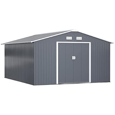 Outsunny 11' x 13' Outdoor Storage Shed, Garden Tool Metal Shed with Foundation Kit, Double Lockable Door, Air Vents and Sloping Roof, for Backyard, Patio, Lawn, Dark Gray