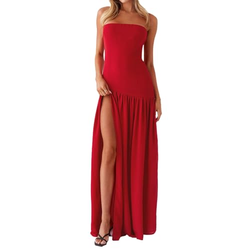 Women Tube Top Dress Tiger Stripe Mesh Patchwork Maxi Dress Strapless Sexy High Slit Long Dresses Beach Vacation (Red S)