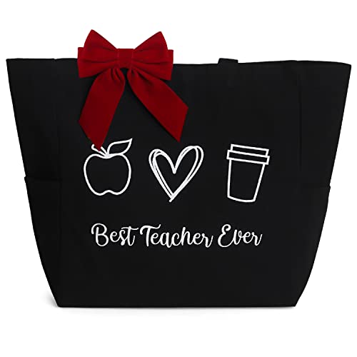 Teacher Bag Teacher Gifts for Women, Canvas Tote Bag with Removable Bowknot Clip, Best Appreciation Teacher Thank You Gift for Christmas Valentines Birthday Day, Special Ideas Reusable Teaching Bag