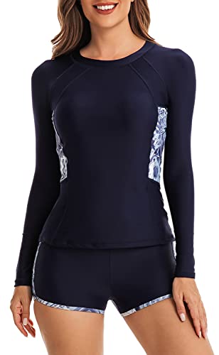 Damen Zweiteilig Badeanzug Tankini Set Langarm Wassersport Surfing Shirt mit Boyshorts Rush Guard Athletic Bademode Cover