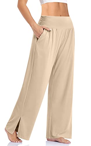 Ueu Womens Wide Leg Yoga Pants High Waist Adjustable Tie Knot Joggers Casual Loose Comfy Lounge Pajama Sweatpants With Pockets (Light Khaki, M) #TOP13