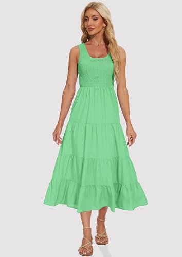 Image of Women's Summer Smocked Maxi Dresses Sleeveless U Neck Ruffle Hem Tiered A Line Flowy Dress